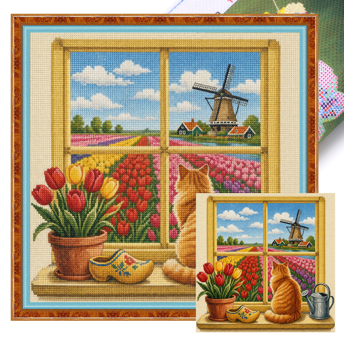 Tulip Cat - Full 14CT Stamped Cross Stitch 30x30CM - Huacan