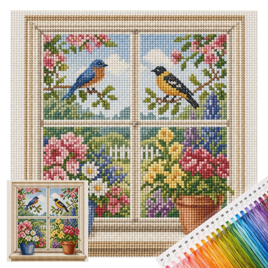 Frühlingsvögel – Vollständiges 14CT Stempel-Kreuzstich-Set 30x30 cm – Huacan