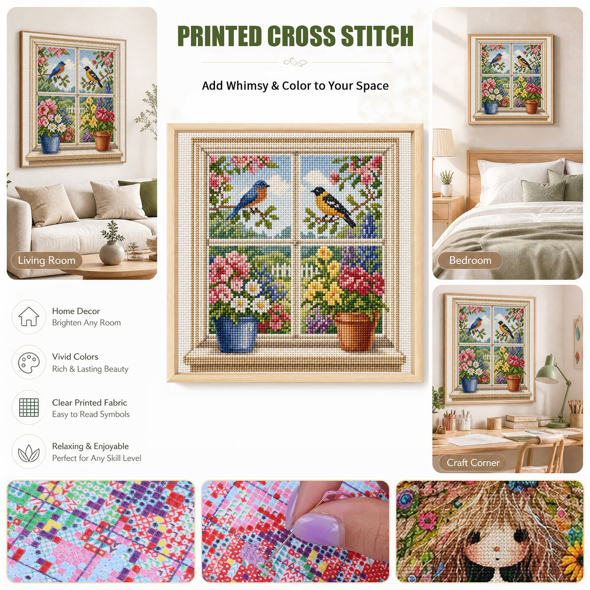 Spring Birds - Full 14CT Stamped Cross Stitch 30x30CM - Huacan