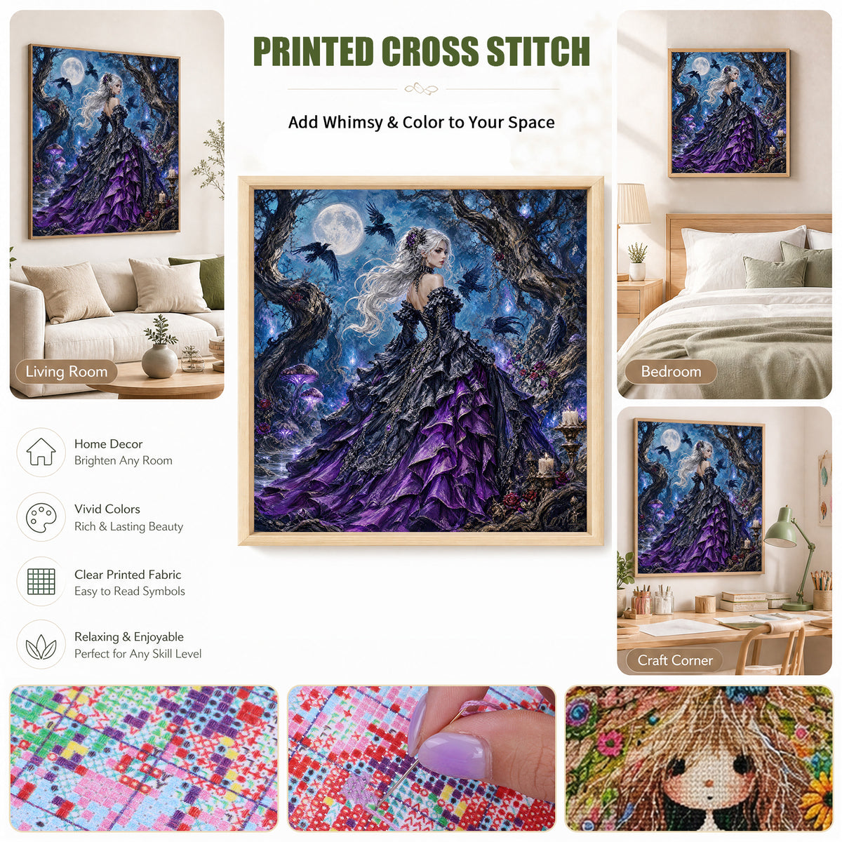 Gothic Raven - Full 11CT Stamped Cross Stitch 45x45CM - Huacan