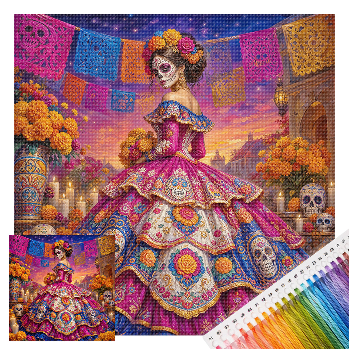 Blumenschädel - Komplettes 11CT Stempel-Kreuzstich-Set 45x45CM - Huacan