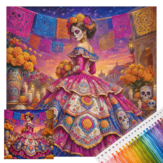 Blumenschädel - Komplettes 11CT Stempel-Kreuzstich-Set 45x45CM - Huacan