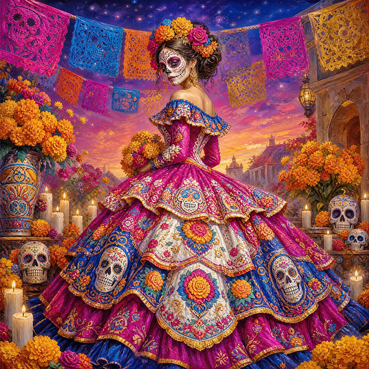 Blumenschädel - Komplettes 11CT Stempel-Kreuzstich-Set 45x45CM - Huacan