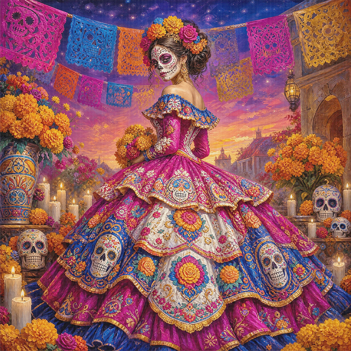 Blumenschädel - Komplettes 11CT Stempel-Kreuzstich-Set 45x45CM - Huacan