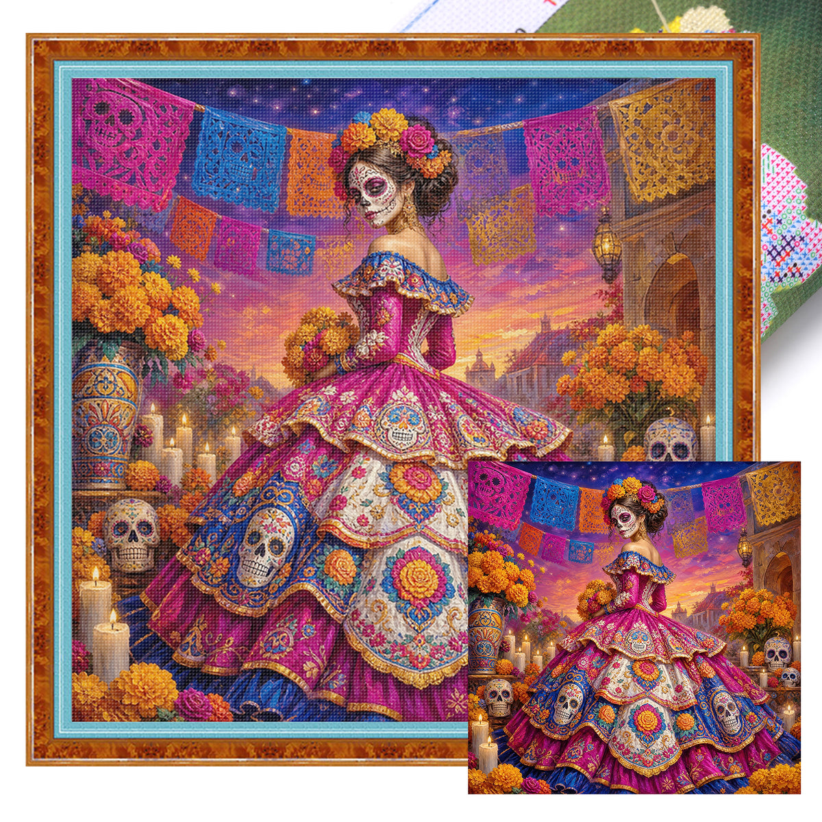 Blumenschädel - Komplettes 11CT Stempel-Kreuzstich-Set 45x45CM - Huacan