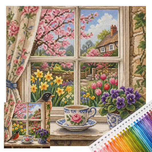 Fenster-Tee – Vollständiges 11CT gestempeltes Kreuzstich-Set 45x45CM – Huacan