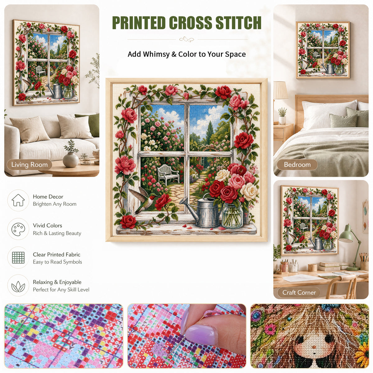 Rose Frame - Full 11CT Stamped Cross Stitch 45x45CM - Huacan