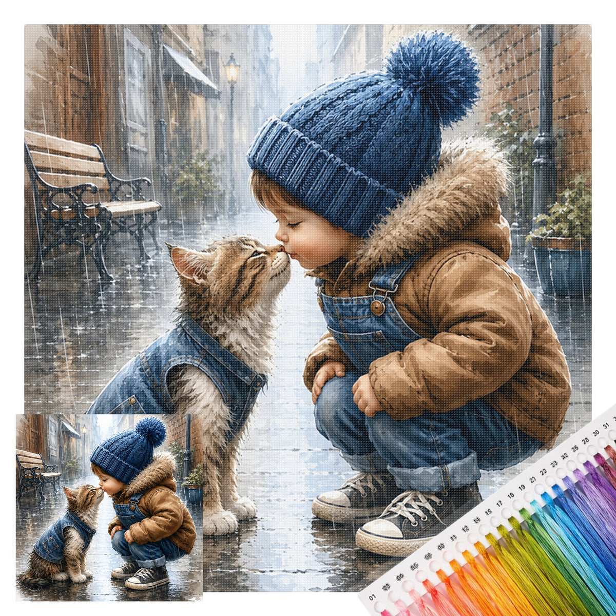 Boy With Tabby Kitten-Cat - Full 11CT Stamped Cross Stitch 40x40CM - Huacan