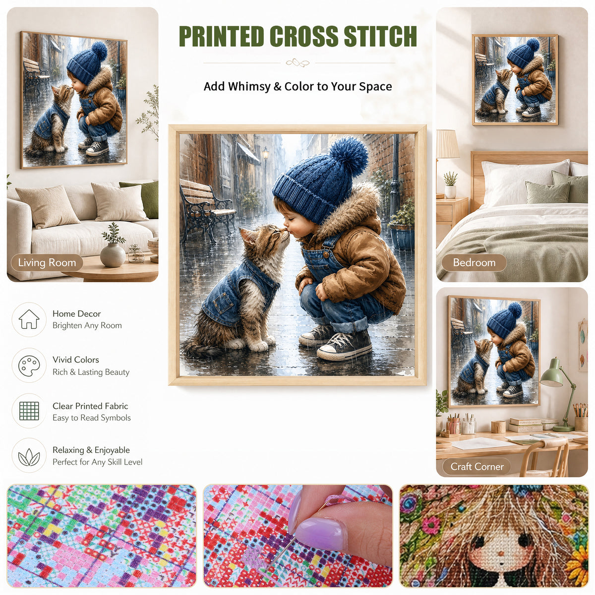 Boy With Tabby Kitten-Cat - Full 11CT Stamped Cross Stitch 40x40CM - Huacan