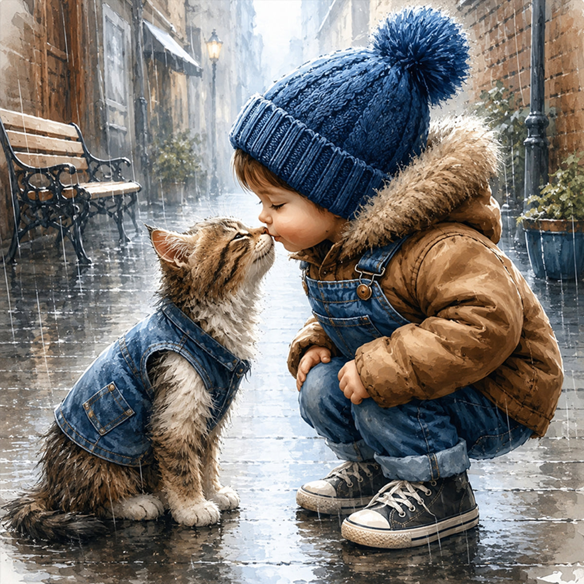 Boy With Tabby Kitten-Cat - Full 11CT Stamped Cross Stitch 40x40CM - Huacan