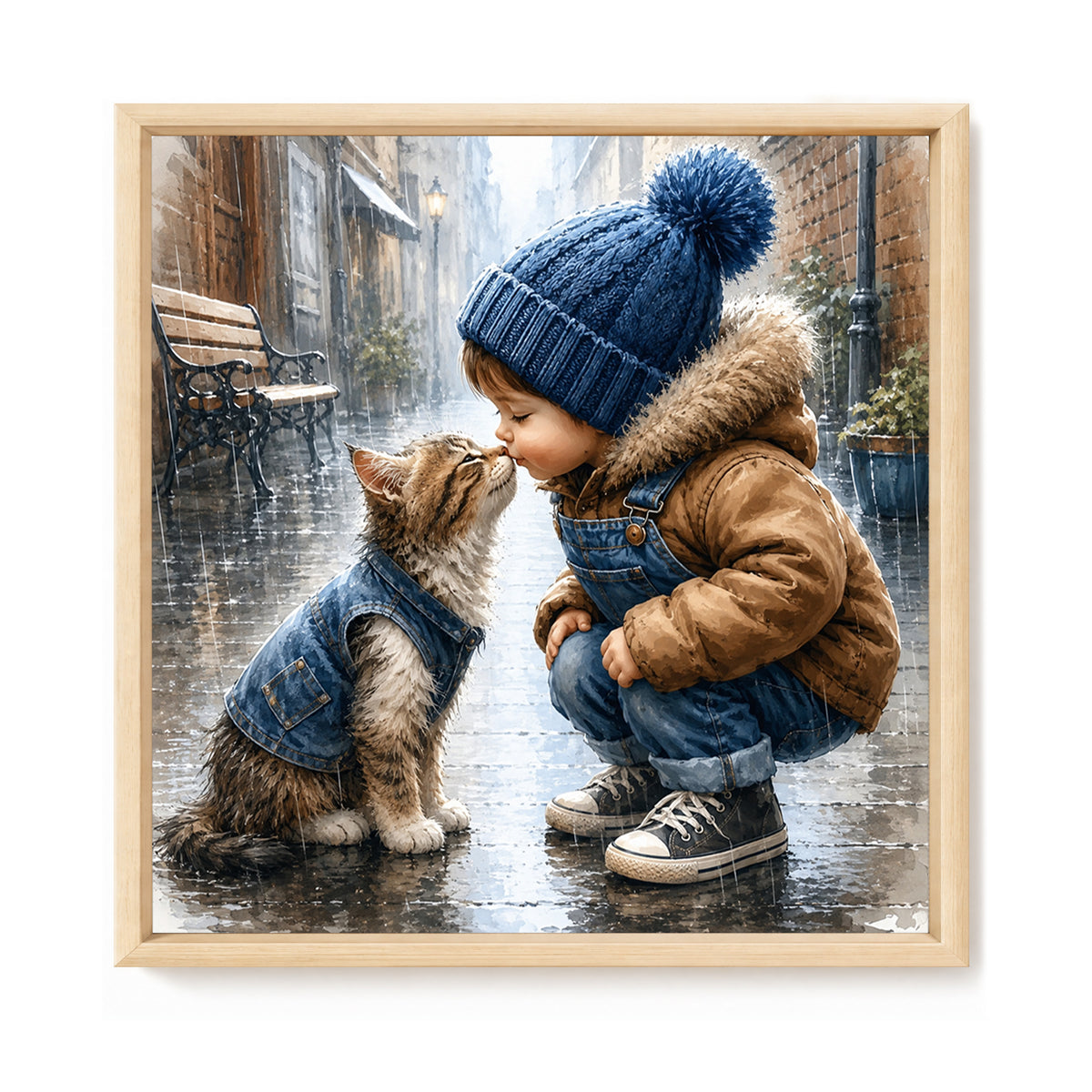Boy With Tabby Kitten-Cat - Full 11CT Stamped Cross Stitch 40x40CM - Huacan
