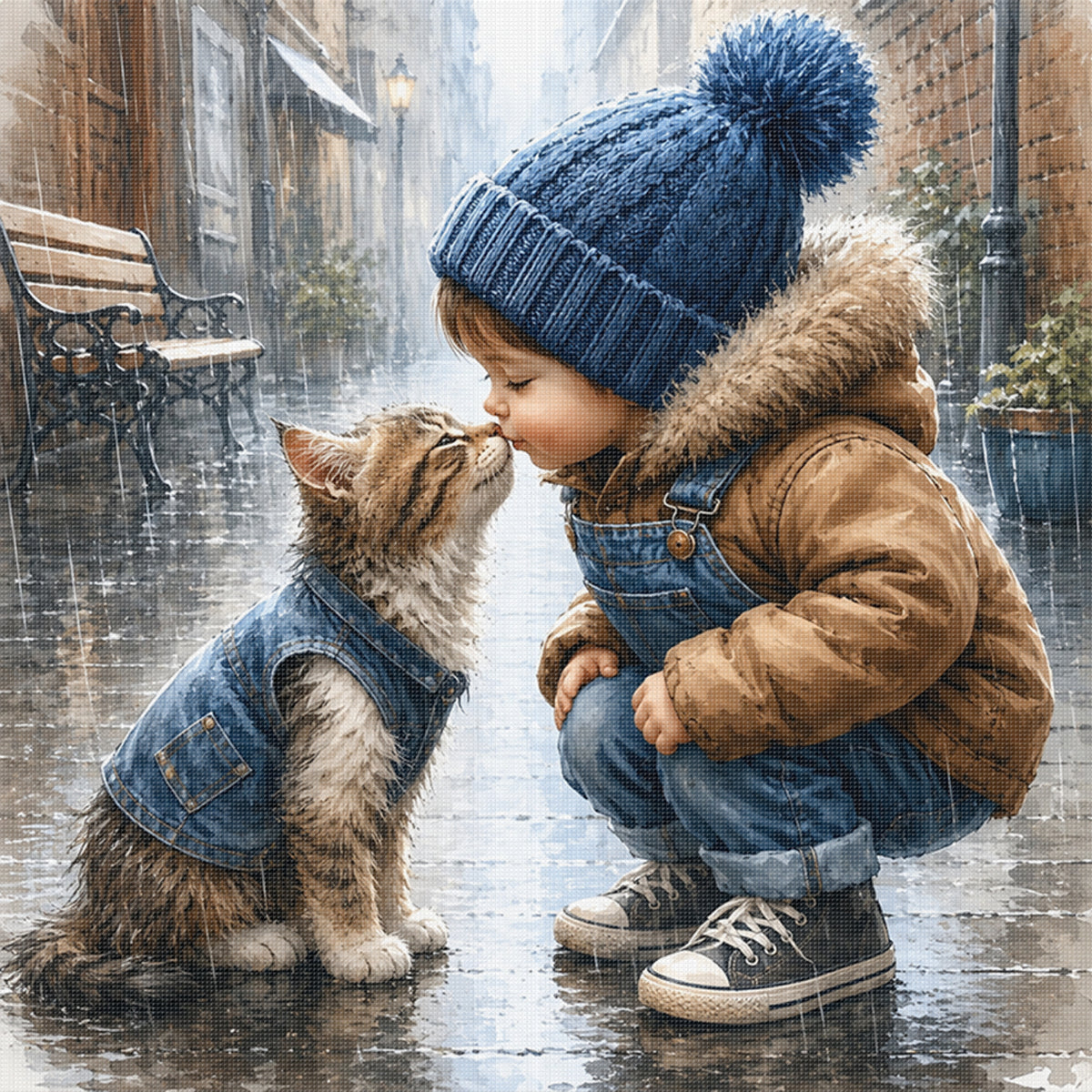 Boy With Tabby Kitten-Cat - Full 11CT Stamped Cross Stitch 40x40CM - Huacan