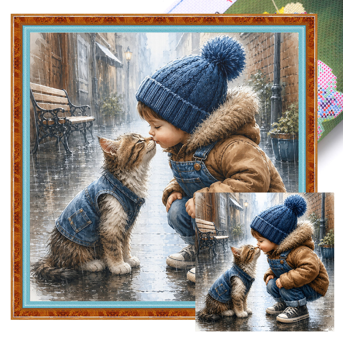 Boy With Tabby Kitten-Cat - Full 11CT Stamped Cross Stitch 40x40CM - Huacan