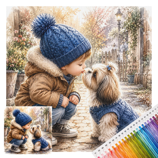 Junge mit Shih-Tzu-Hund – Vollständiges 11CT gestempeltes Kreuzstich-Set 40x40cm – Huacan