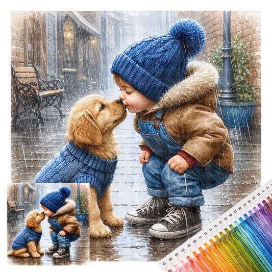 Junge mit Golden Retriever Welpen - Vollständiges 11CT gestempeltes Kreuzstich-Set 40x40CM - Huacan