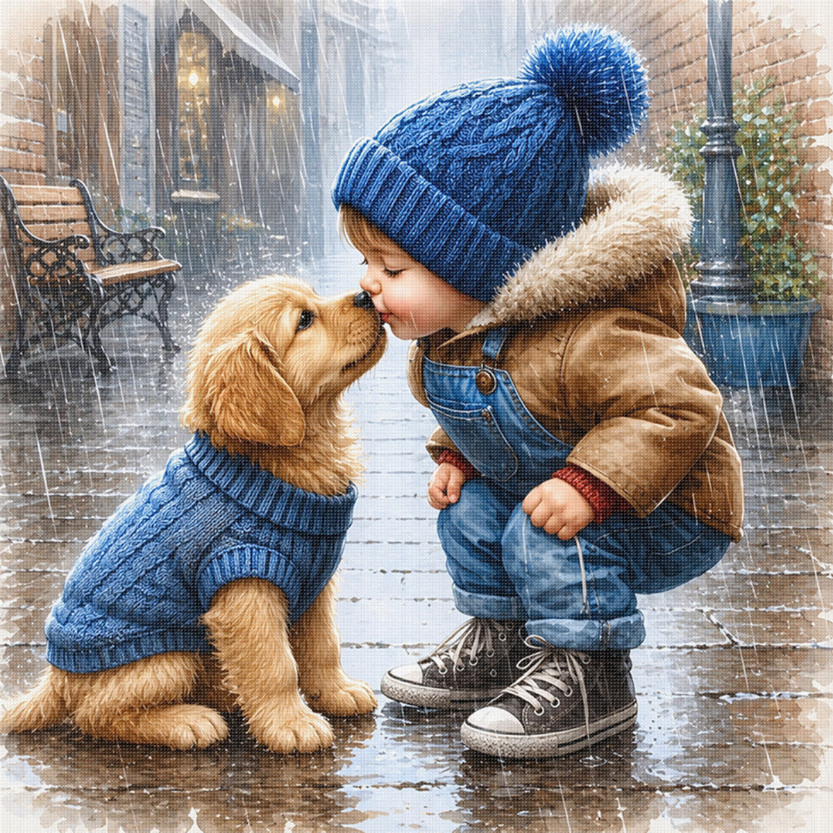 Junge mit Golden Retriever Welpen - Vollständiges 11CT gestempeltes Kreuzstich-Set 40x40CM - Huacan