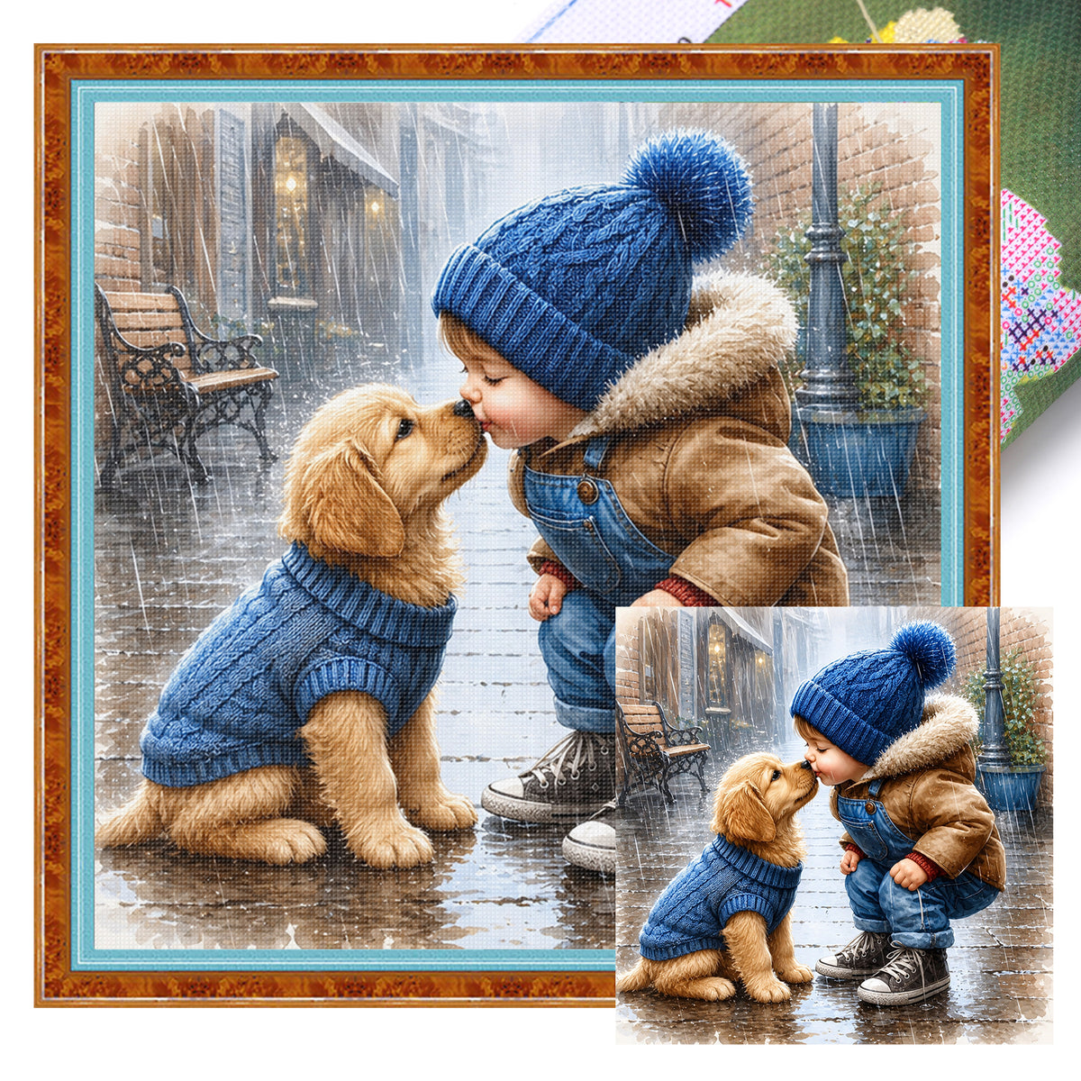 Junge mit Golden Retriever Welpen - Vollständiges 11CT gestempeltes Kreuzstich-Set 40x40CM - Huacan