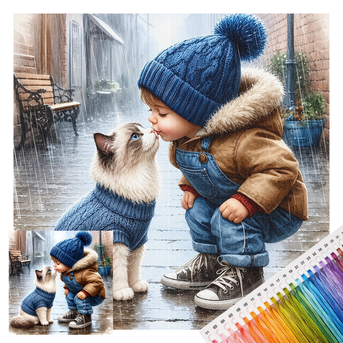 Junge mit Ragdoll-Katze – Vollständiges 11CT Stempel-Kreuzstich-Set 40x40CM – Huacan