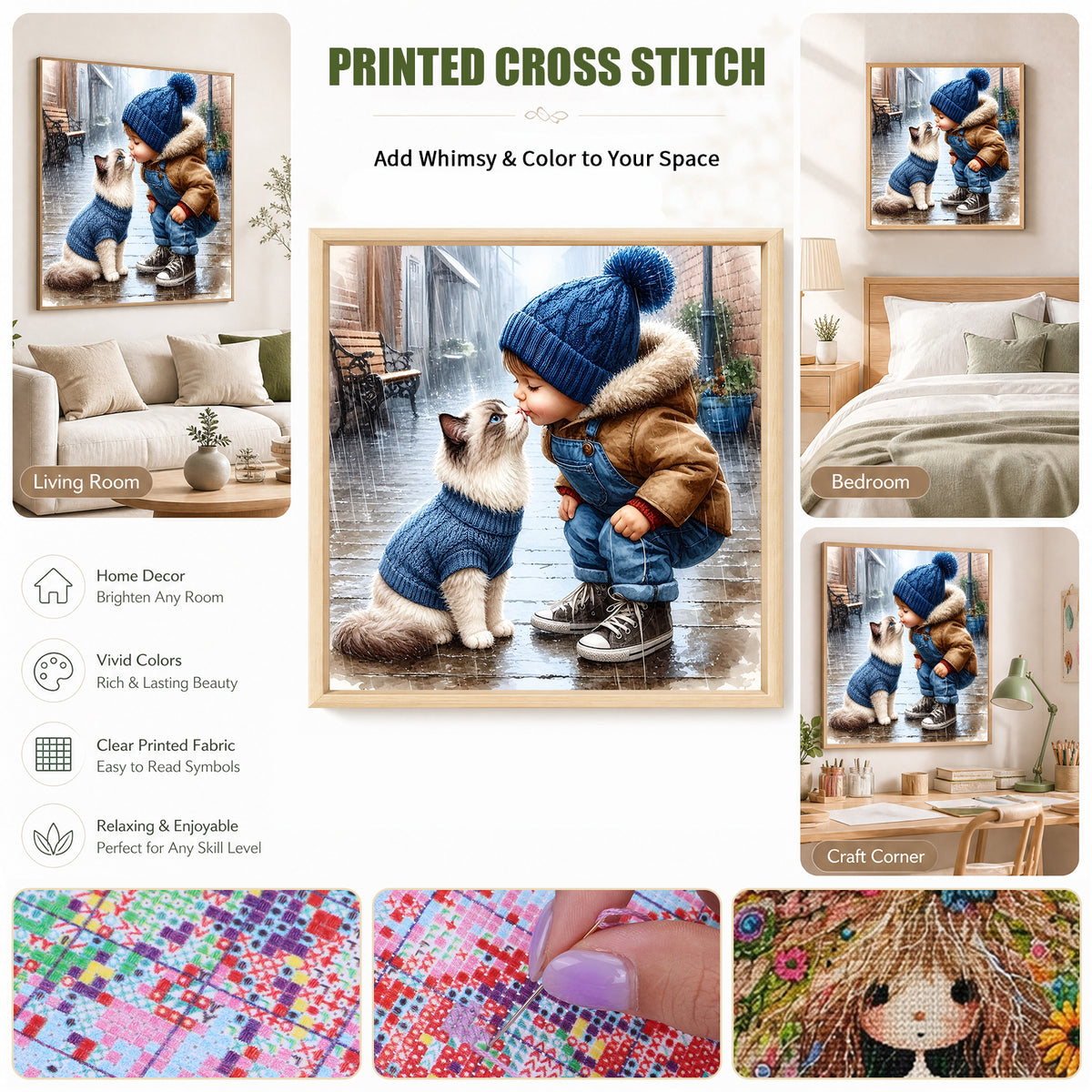 Junge mit Ragdoll-Katze – Vollständiges 11CT Stempel-Kreuzstich-Set 40x40CM – Huacan