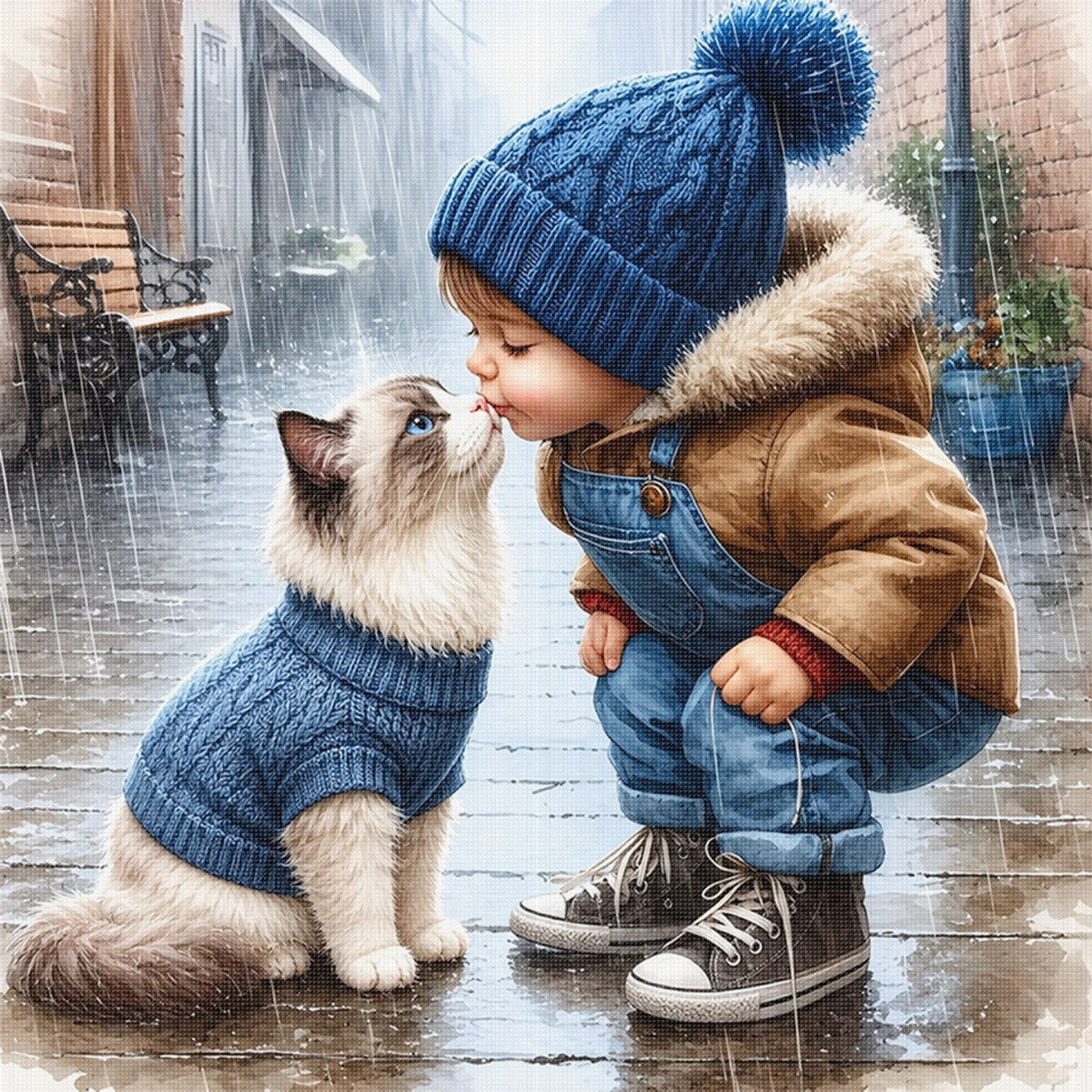 Junge mit Ragdoll-Katze – Vollständiges 11CT Stempel-Kreuzstich-Set 40x40CM – Huacan