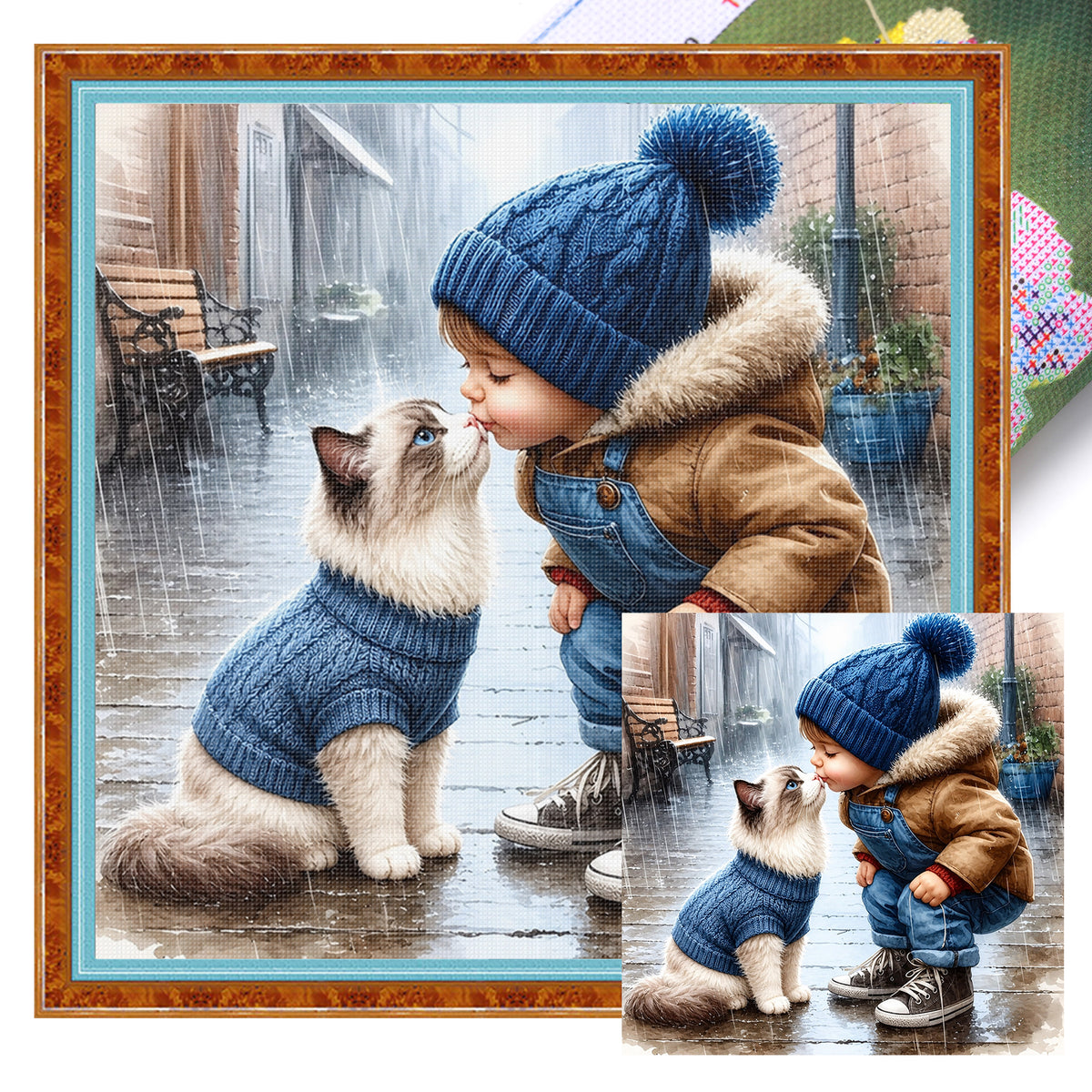 Junge mit Ragdoll-Katze – Vollständiges 11CT Stempel-Kreuzstich-Set 40x40CM – Huacan