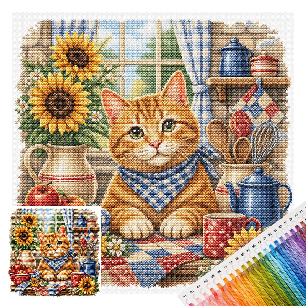 Orangefarbene Katze in der Küche – Komplettes 11CT Stempel-Kreuzstichset 50x50cm – Huacan