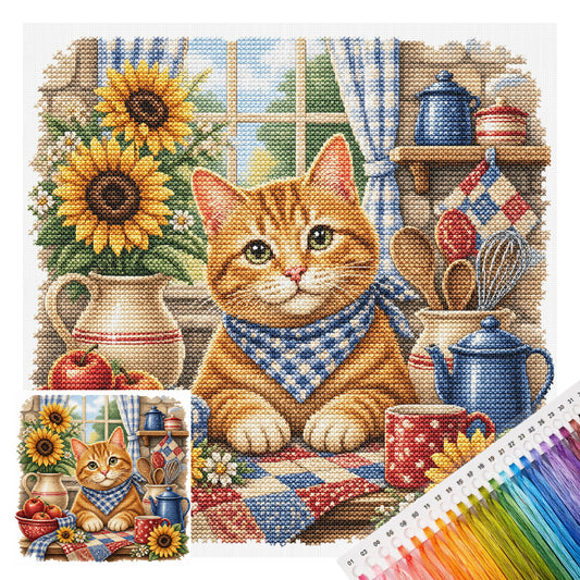 Orangefarbene Katze in der Küche – Komplettes 11CT Stempel-Kreuzstichset 50x50cm – Huacan