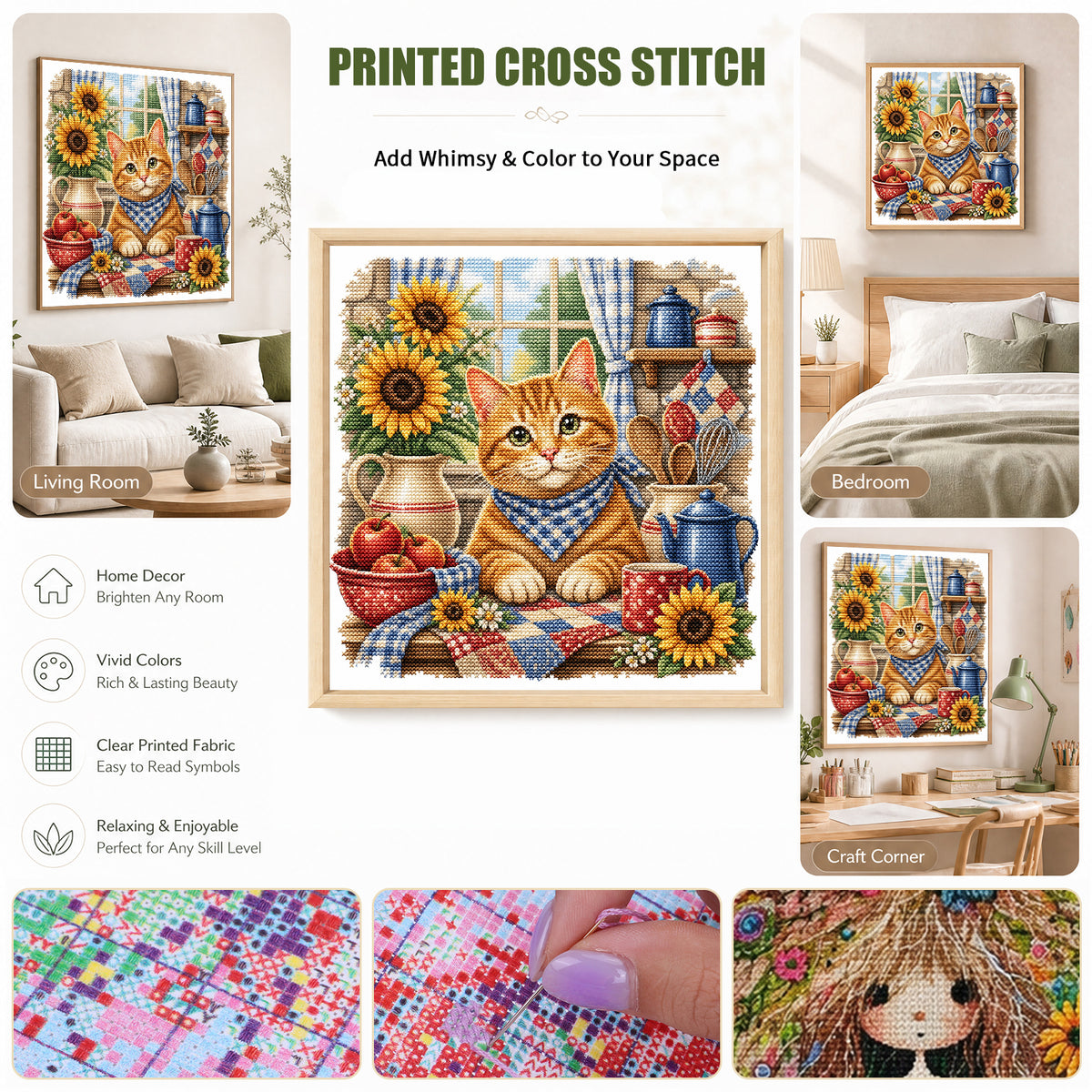 Orangefarbene Katze in der Küche – Komplettes 11CT Stempel-Kreuzstichset 50x50cm – Huacan