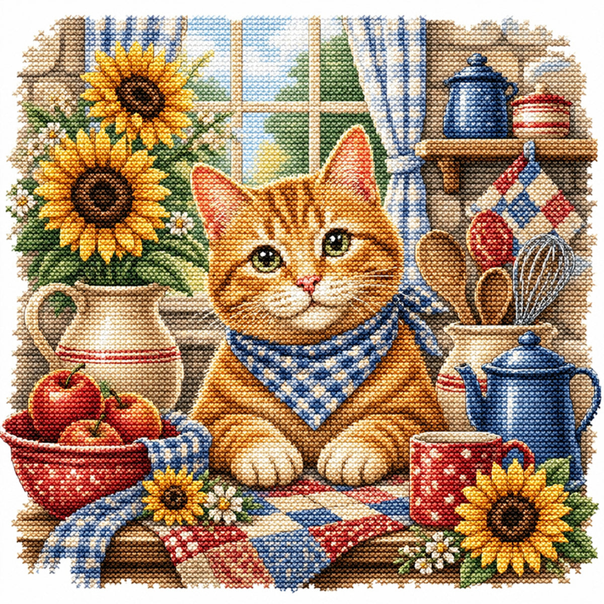 Orangefarbene Katze in der Küche – Komplettes 11CT Stempel-Kreuzstichset 50x50cm – Huacan