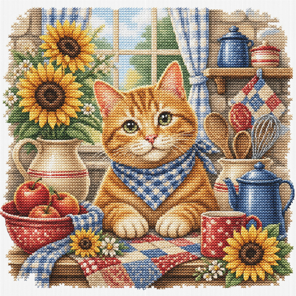 Orangefarbene Katze in der Küche – Komplettes 11CT Stempel-Kreuzstichset 50x50cm – Huacan