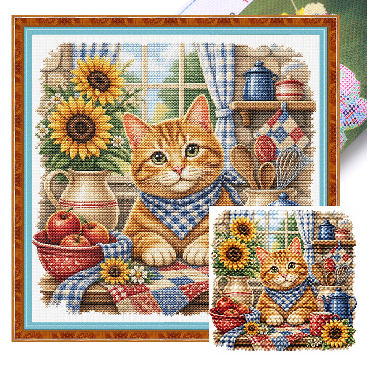Orangefarbene Katze in der Küche – Komplettes 11CT Stempel-Kreuzstichset 50x50cm – Huacan