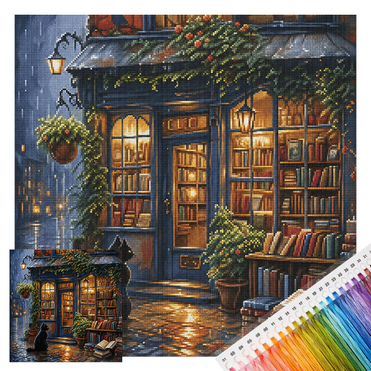 Buchhandlung und Katze – Vollständiges 11CT Stempel-Kreuzstich-Set 50x50CM – Huacan