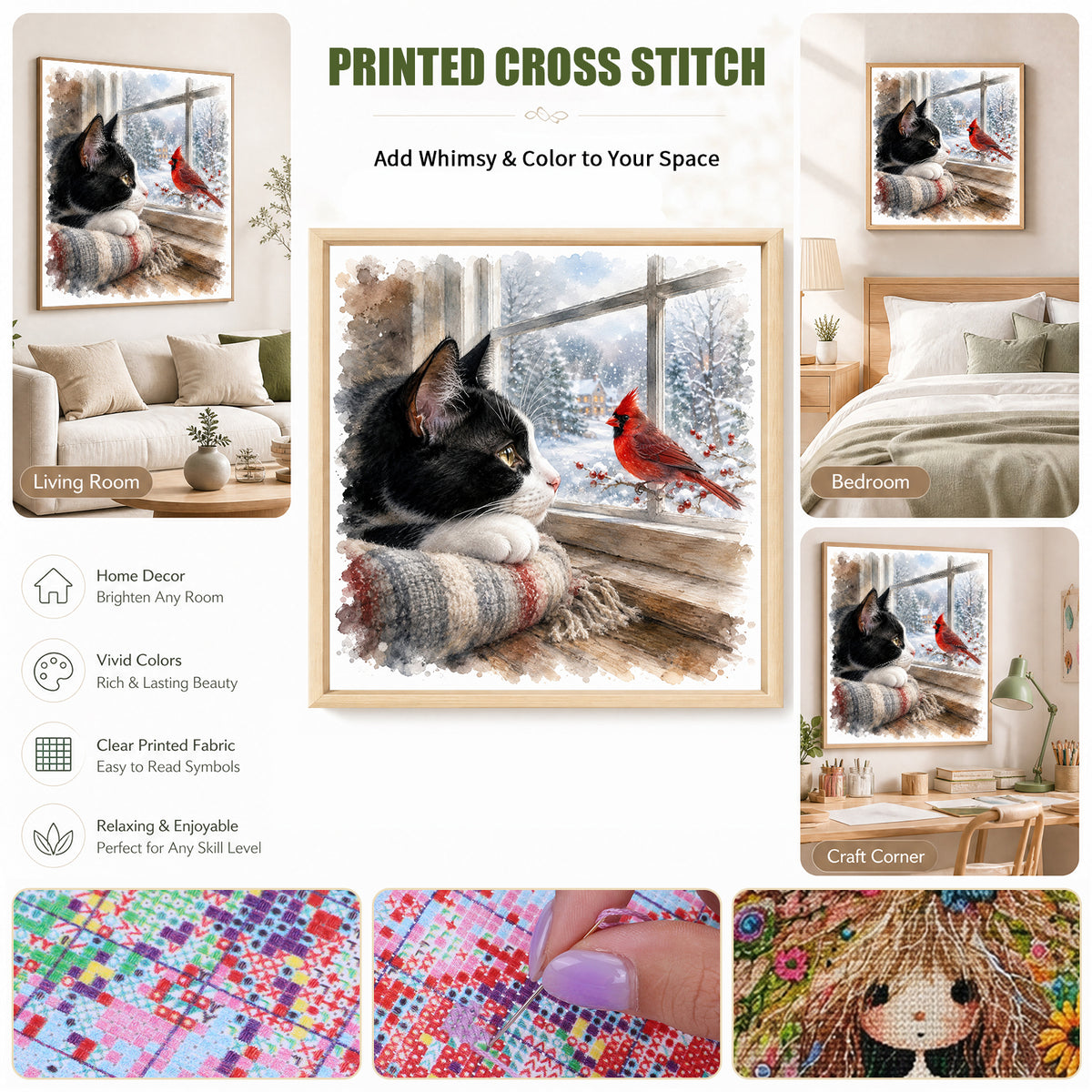 Snow Kitty-Cat - Full 11CT Stamped Cross Stitch 45x45CM - Huacan