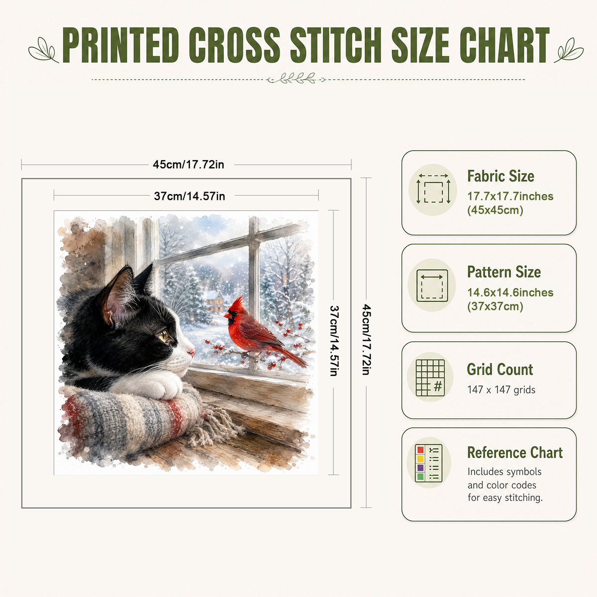 Snow Kitty-Cat - Full 11CT Stamped Cross Stitch 45x45CM - Huacan