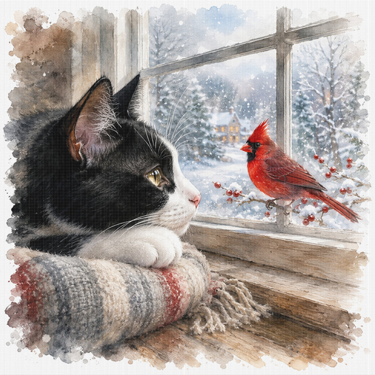 Snow Kitty-Cat - Full 11CT Stamped Cross Stitch 45x45CM - Huacan