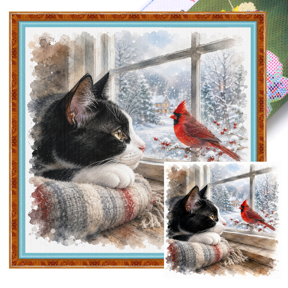 Snow Kitty-Cat - Full 11CT Stamped Cross Stitch 45x45CM - Huacan