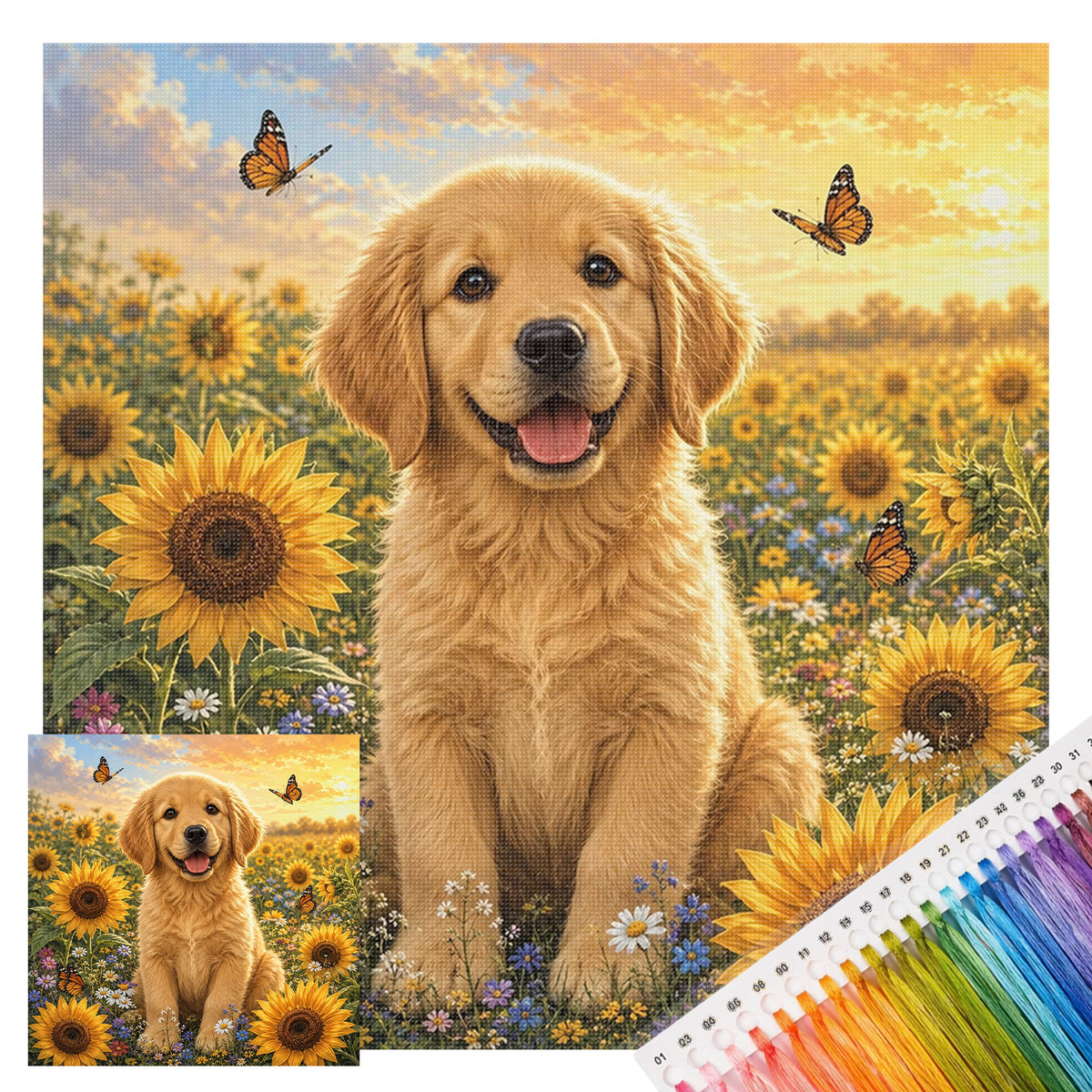 Sonnenblumen-Golden-Retriever-Hund – Vollständiges 11CT Stempel-Kreuzstichset 45x45CM – Huacan