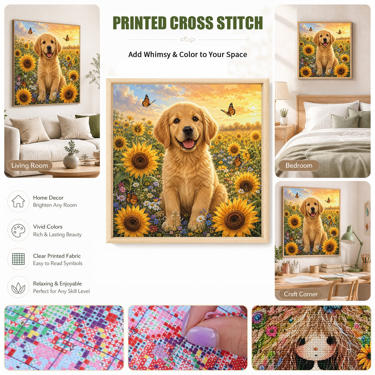 Sonnenblumen-Golden-Retriever-Hund – Vollständiges 11CT Stempel-Kreuzstichset 45x45CM – Huacan
