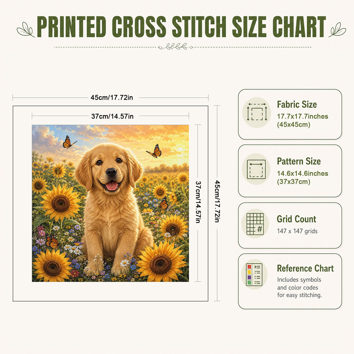 Sonnenblumen-Golden-Retriever-Hund – Vollständiges 11CT Stempel-Kreuzstichset 45x45CM – Huacan