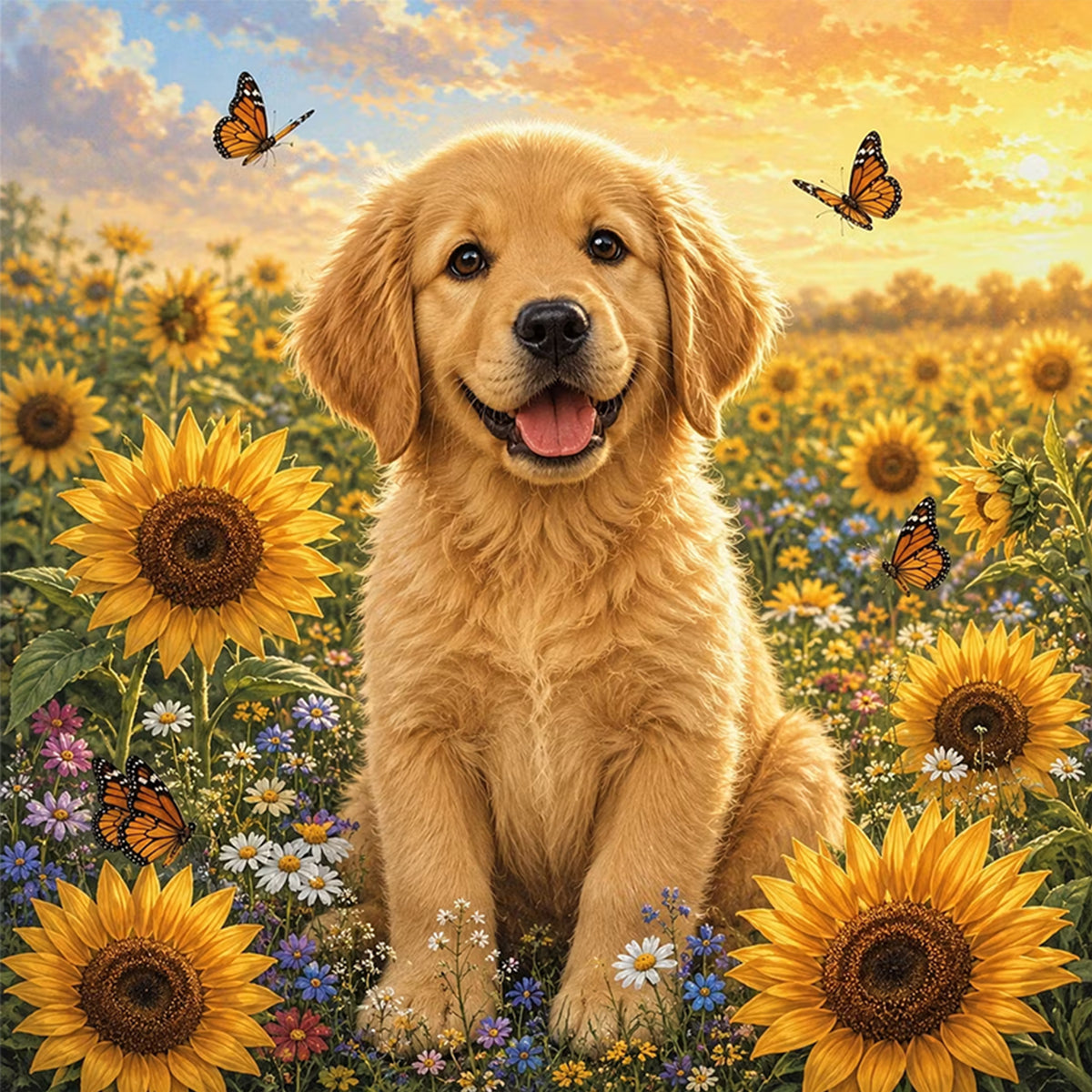 Sonnenblumen-Golden-Retriever-Hund – Vollständiges 11CT Stempel-Kreuzstichset 45x45CM – Huacan