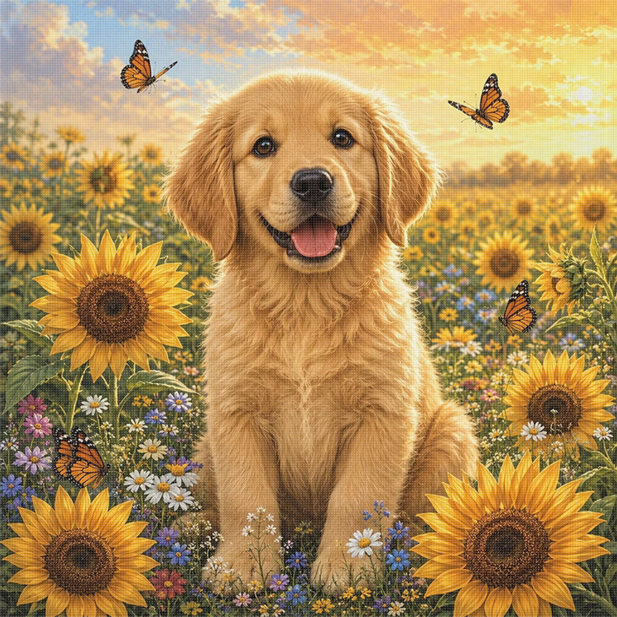Sonnenblumen-Golden-Retriever-Hund – Vollständiges 11CT Stempel-Kreuzstichset 45x45CM – Huacan