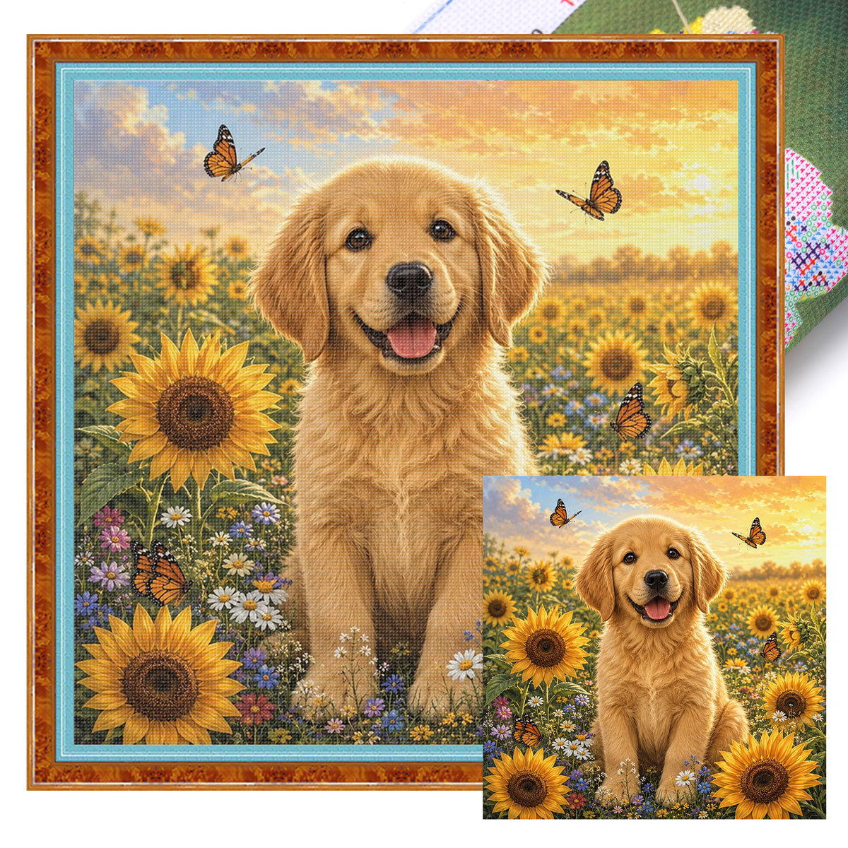 Sonnenblumen-Golden-Retriever-Hund – Vollständiges 11CT Stempel-Kreuzstichset 45x45CM – Huacan