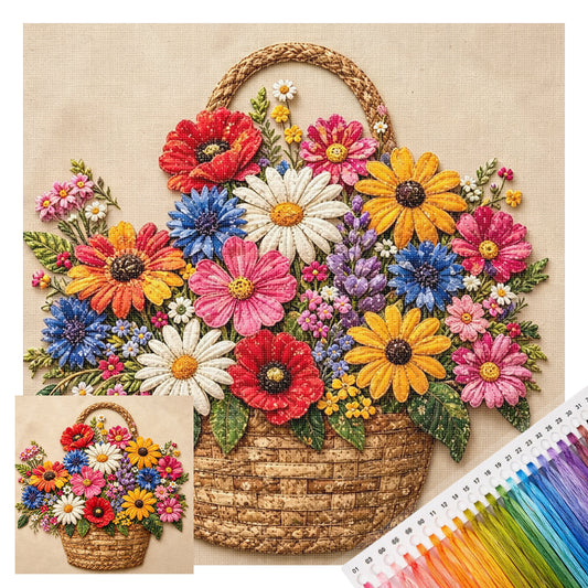 Frühlingsblumenkorb – Vollständiges 11CT Stempel-Kreuzstich-Set 45x45CM – Huacan