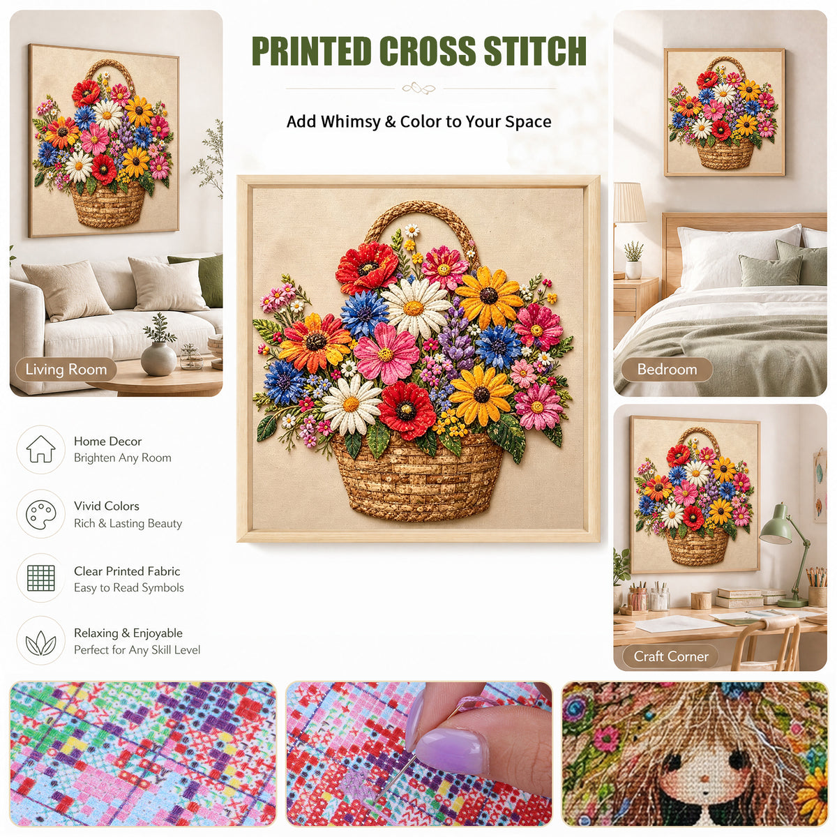 Spring Flower Basket - Full 11CT Stamped Cross Stitch 45x45CM - Huacan