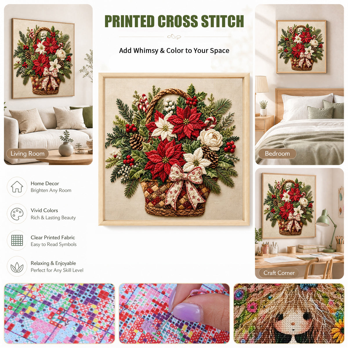 Christmas Flower Basket - Full 11CT Stamped Cross Stitch 45x45CM - Huacan