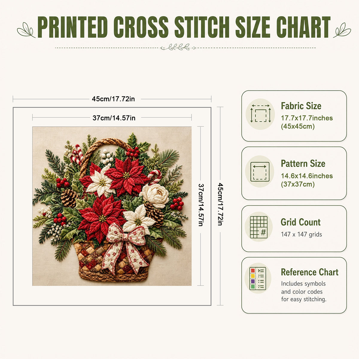 Christmas Flower Basket - Full 11CT Stamped Cross Stitch 45x45CM - Huacan