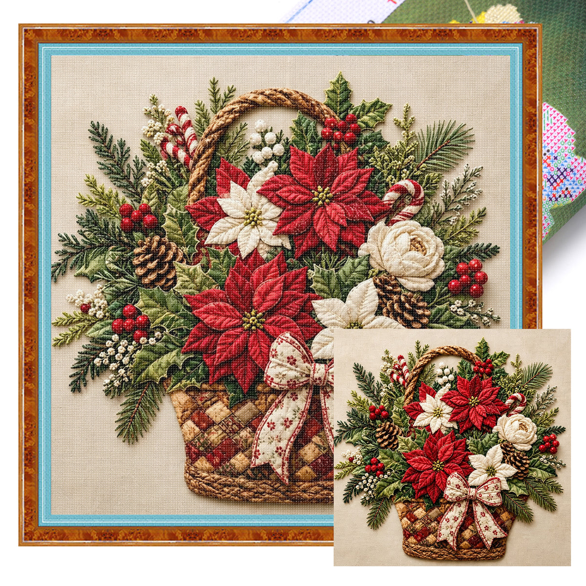 Christmas Flower Basket - Full 11CT Stamped Cross Stitch 45x45CM - Huacan