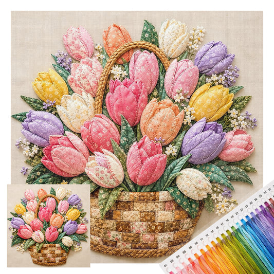 Tulpenkorb – Vollständiges 11CT Stempel-Kreuzstich-Set 45x45CM – Huacan