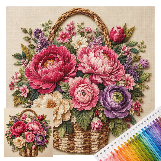 Pfingstrosen-Blumenkorb - Vollständiges 11CT gestempeltes Kreuzstich-Set 45x45CM - Huacan