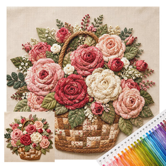 Rosenkorb – Vollständiges 11CT Stanz-Kreuzstich-Set 45x45 cm – Huacan